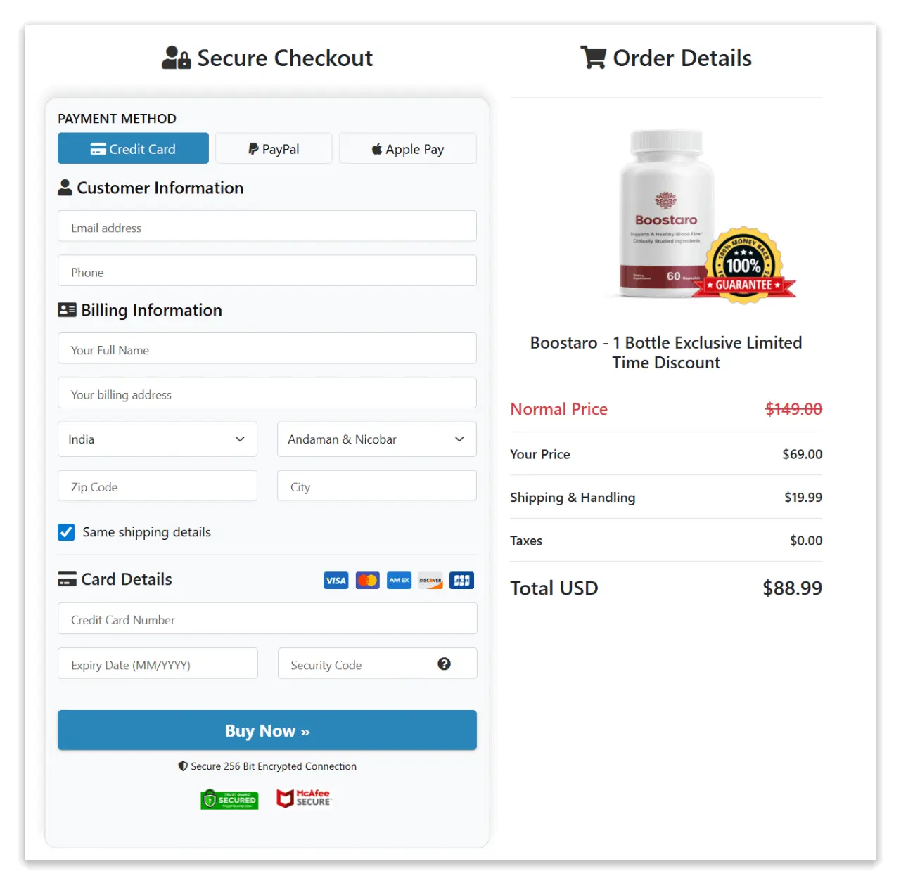Boostaro Secure Checkout Page